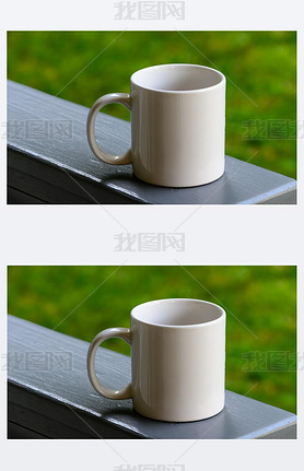 Single white coffee mug on a backyard porch railing