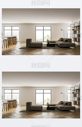 Interior of modern living room with white walls, concrete floor, white sofas and kitchen to the left