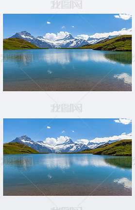 Stunning view of Bachalpsee and the snow coverd peaks with glacier of swiss alps, on Bernese Oberlan
