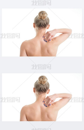 young female nude  with neckache touching her neck. Isolated on 