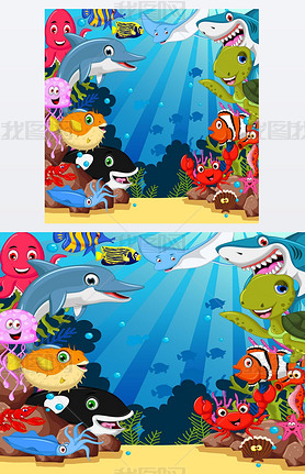 funny sea animals cartoon set