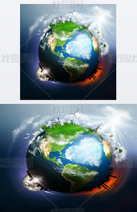 Earth with different elements on its surface and big heart of clouds