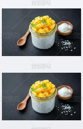 Healthy chia pudding with mango and coconut