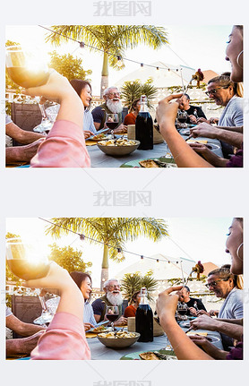 Happy family doing a dinner during sunset time outdoor - Group of diverse friends hing fun dining 