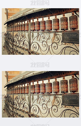 Tibetan Prayer Wheels with mantras near Swayambhunath Stupa - vintage photo.