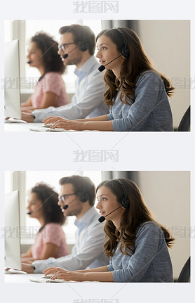 Young woman call center agent in headset consulting online client