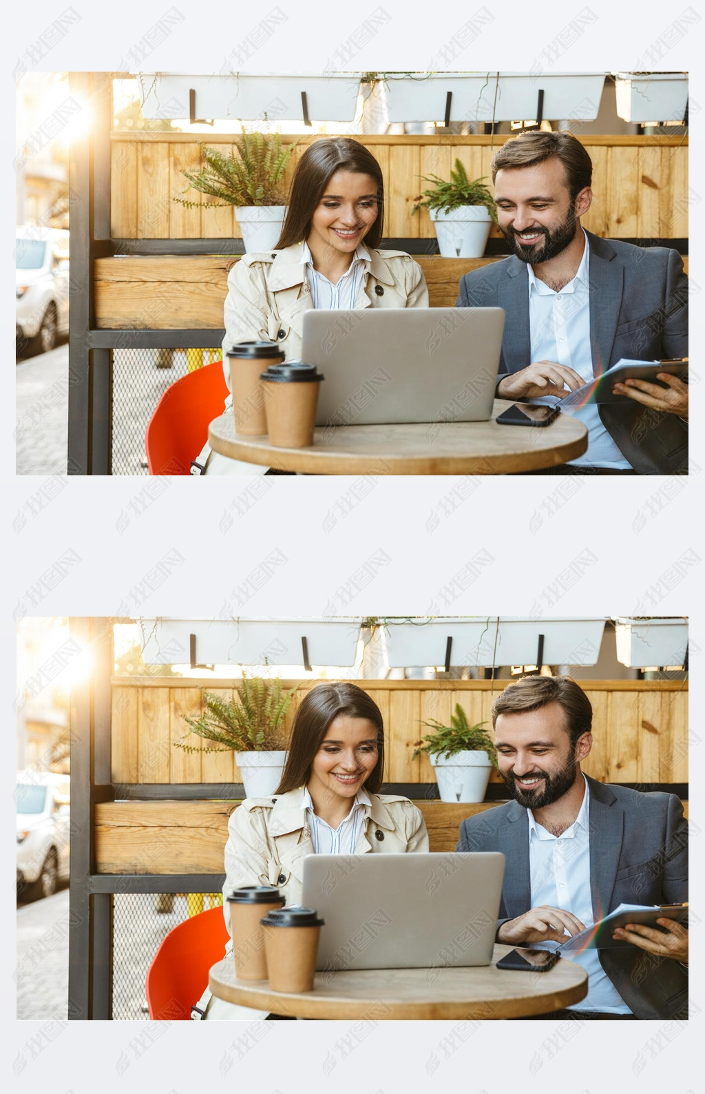Portrait of pleased business couple man and woman hing conversation and working on laptop together