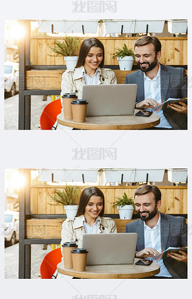 Portrait of pleased business couple man and woman hing conversation and working on laptop together