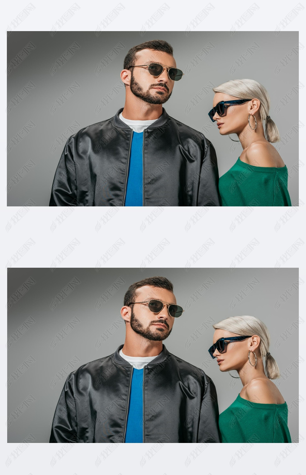 fashionable couple posing in sunglasses, isolated on grey