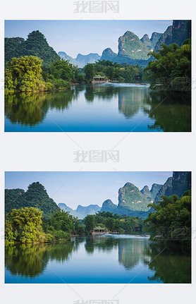 Scenic view of Yulong River among green woods and karst mountains at Yangshuo County of Guilin, Chin