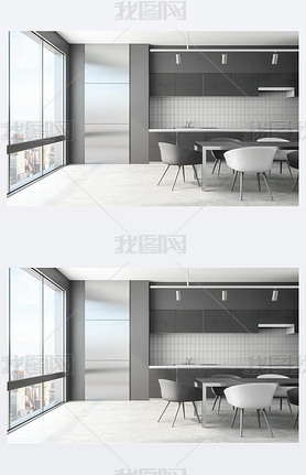 Modern kitchen interior with panoramic city view, daylight and furniture. 3D Rendering 