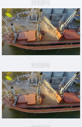 Aerial view of big grain elevators on the sea. Loading of grain on a ship. Port. Cargo ship