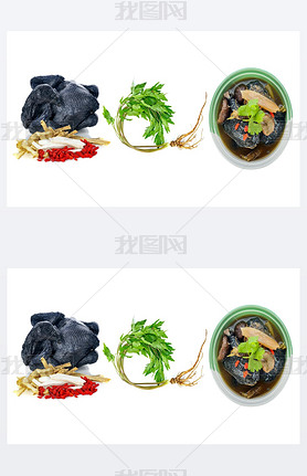 Black chicken stewed with chinese herbs on white background.