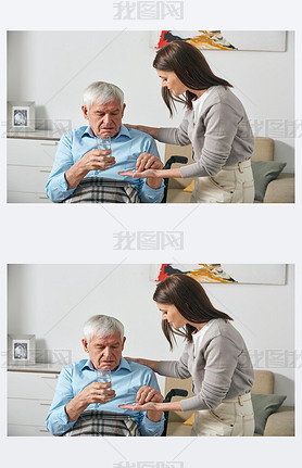 Young adult daughter giving pills to senior father while taking care of him after stroke