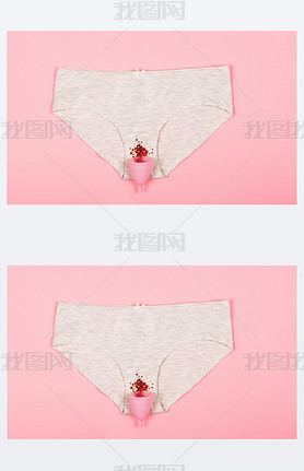 Woman panty with a menstrual cup on the pastel pink background.