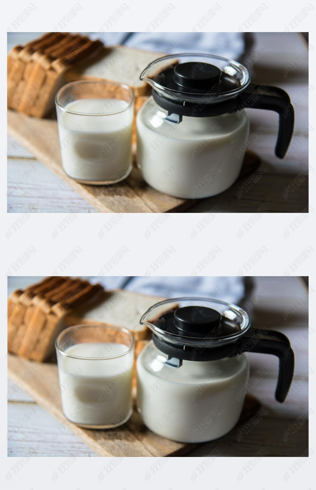 Close up of glass of milk and milk jug with use of selective focus