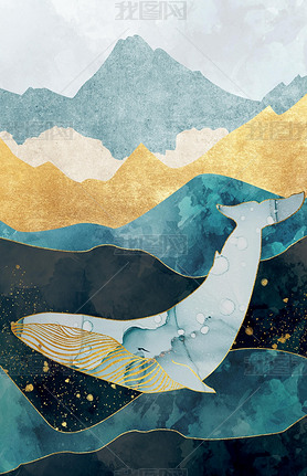 abstract landscape illustration concept with gold, marble, watercolor mountain and whale. Abstract w