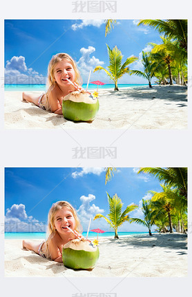 Little Girl Drinking Coconut Cocktail On Tropical Beach