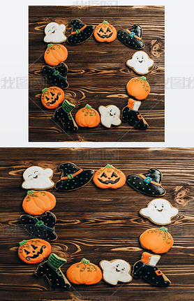 Funny delicious ginger biscuits for Halloween on the table. horizontal view from above