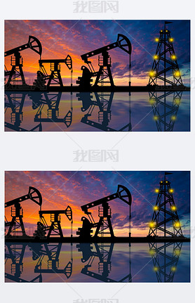 Oil production. The oil platform is reflected in the water. Oil production. Extraction of minerals. 