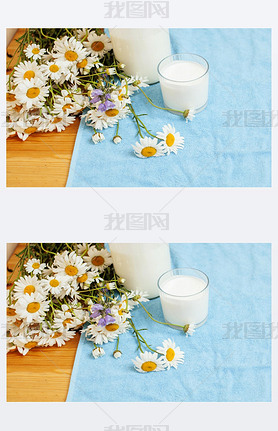 Simply stylish wooden kitchen with bottle of milk and glass on table, summer flowers camomile, healt