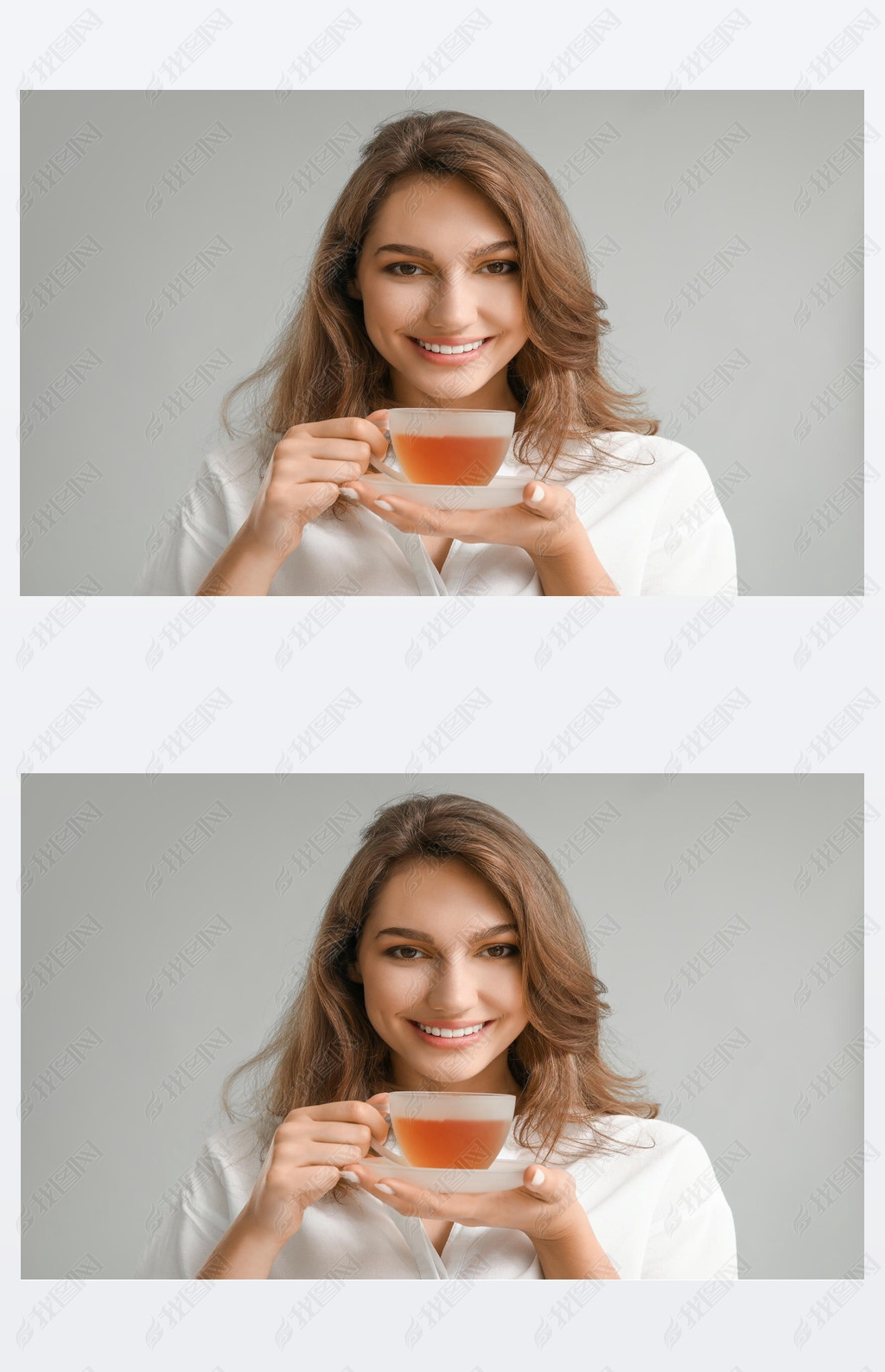 Beautiful young woman with cup of tea on grey background