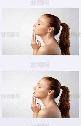 Side-View Of Sensual Shirtless Ginger-Haired Young Lady Over White Background