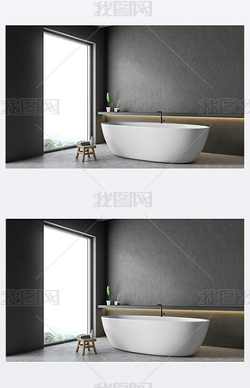 Corner of modern bathroom with gray walls, concrete floor and white bathtub standing next to a shelf