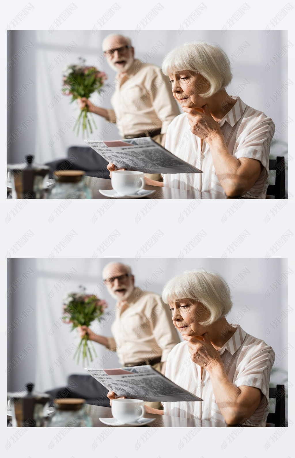 Selective focus of senior woman reading newspaper near positive husband with bouquet 