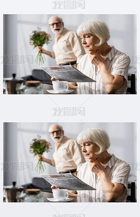 Selective focus of senior woman reading newspaper near positive husband with bouquet 