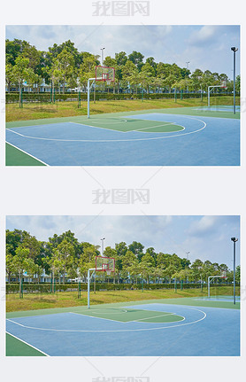 Outdoor open basketball court under sunny sky . Healthy lifestyle sport background .