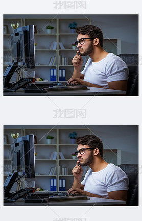 Young man staying late in office to do overtime work