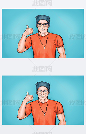 Smiling hipster man in glasses with Like sign. Advertising design with person that guarantees the qu