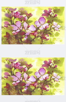 Cute watercolor twig of blooming cherry tree. Sketch hand drawn cherry branches with lees, pink bu