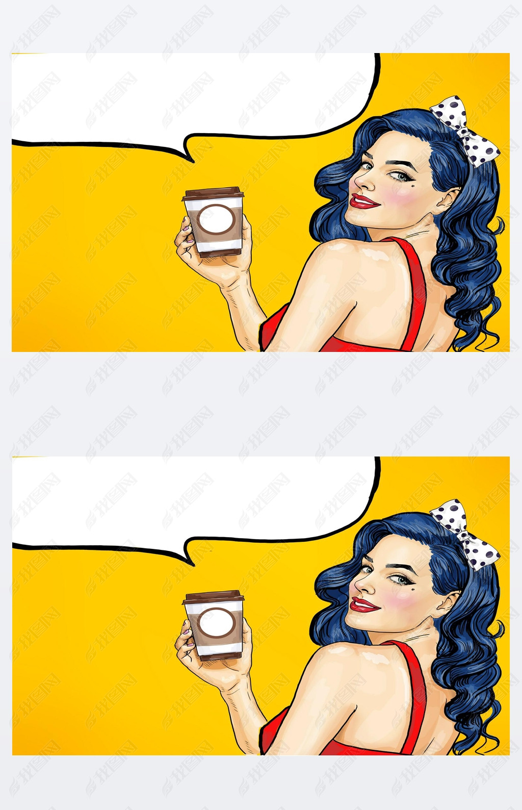 Smiling Pop Art woman with coffee cup. Advertising poster or party invitation with y girl with wo