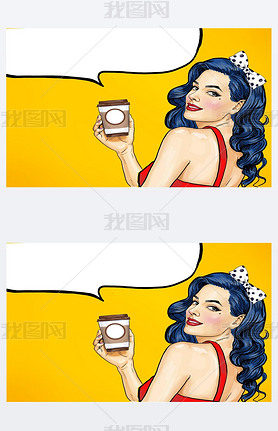 Smiling Pop Art woman with coffee cup. Advertising poster or party invitation with y girl with wo