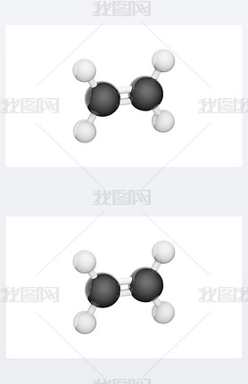 Structural chemical formula and molecular structure of Ethylene (C2H4). Chemical structure model: Ba