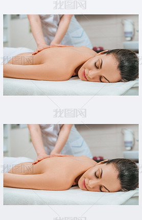 Partial view of masseur doing back massage to girl on massage table