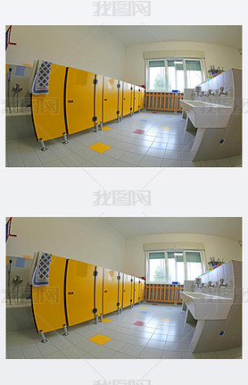 clean toilets of the school and ceramic sinks and yellow doors without the kids and a bright window