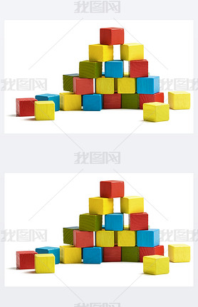 Toy blocks pyramid, multicolor wooden bricks stack no white background