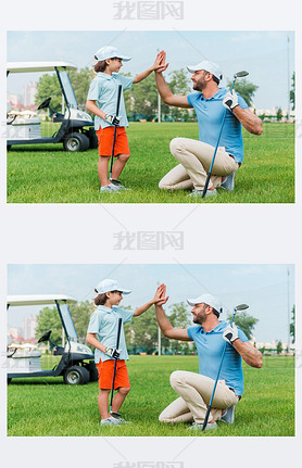 man and son giving high-five on  golf course