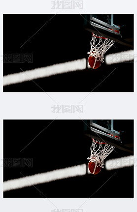 The orange basketball ball flies through the basket. Sports background for product display, banner, 