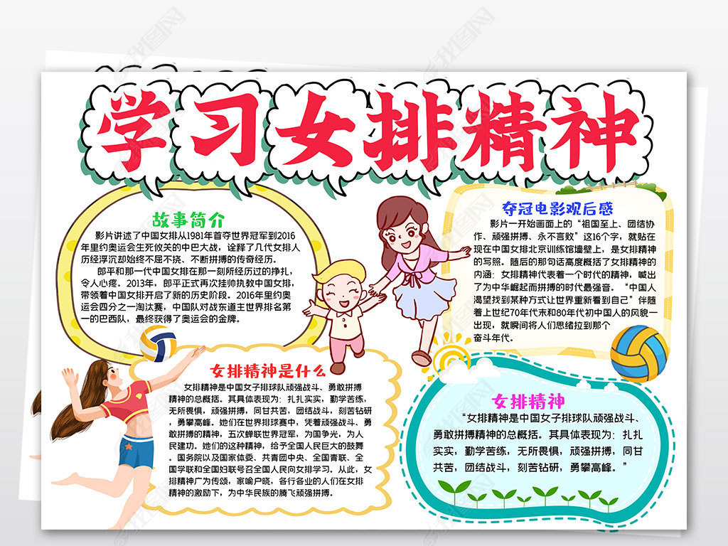 原创弘扬中国女排精神小报夺冠体育运动会手抄报模板版权可商用
