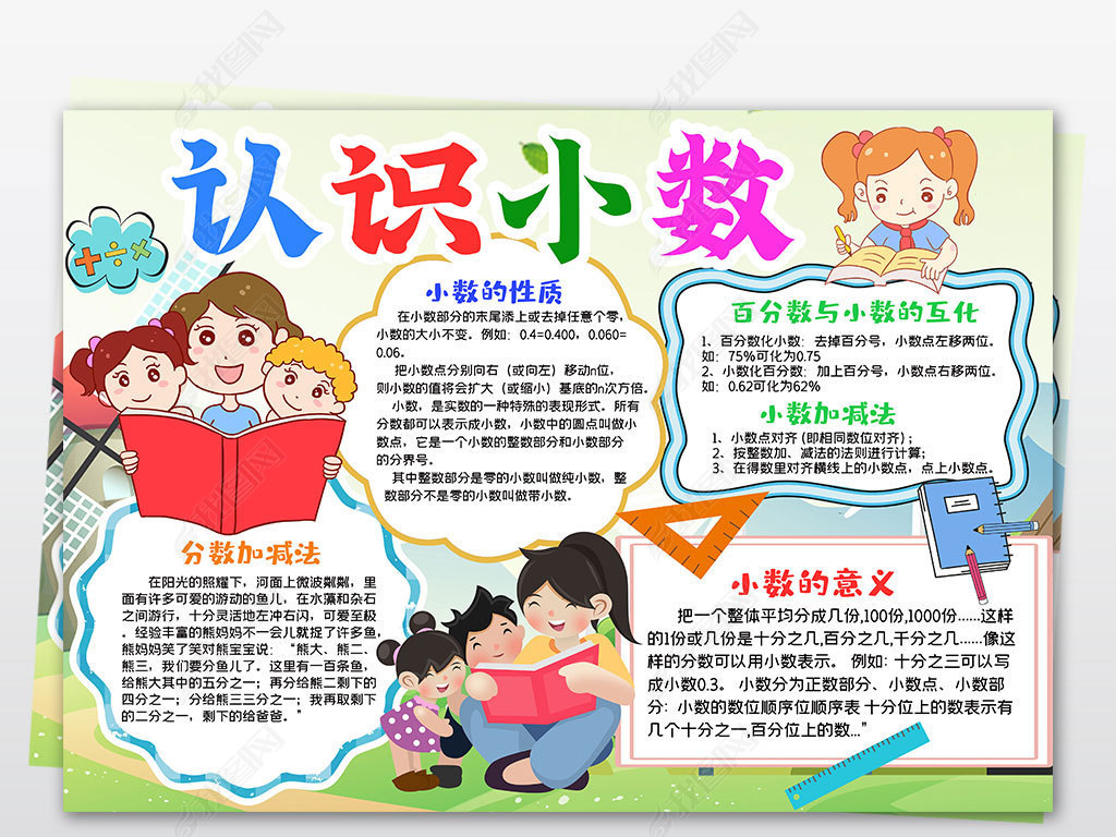 原创卡通数学小报四年级小数手抄报认识小数小报模板