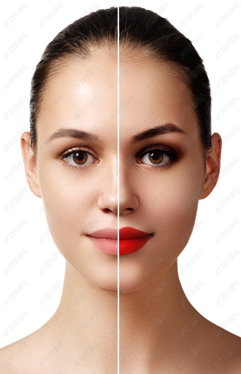 Beautiful young  woman before and after make-up applying. Comparison portrait. Two parts of model fa