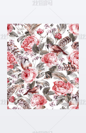 Watercolor floral vintage seamless pattern with roses birds and feathers