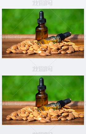 Bottles with a pipette of almond oil for coetology