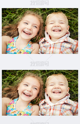 Top view of two kids brother and sister lying on grass