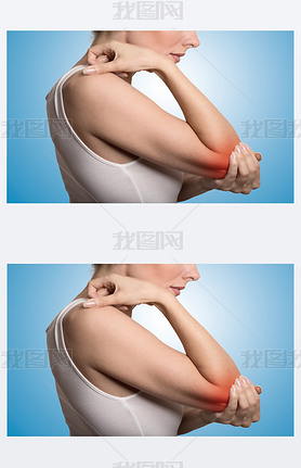 woman with painful elbow on blue background