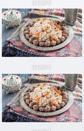 Pilaf or rice with meatballs